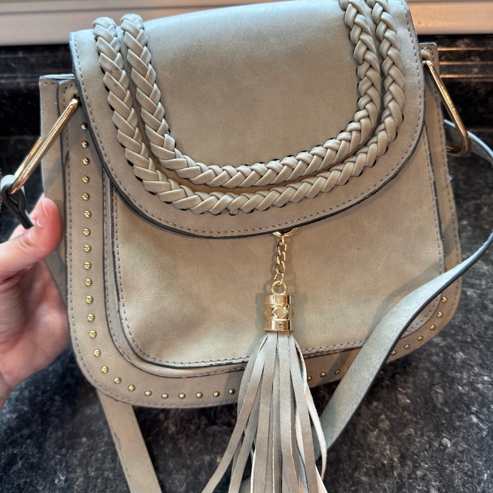 Tom Clovers Grey Crossbody Boho Saddle Bag With Tassle And Braided Detail